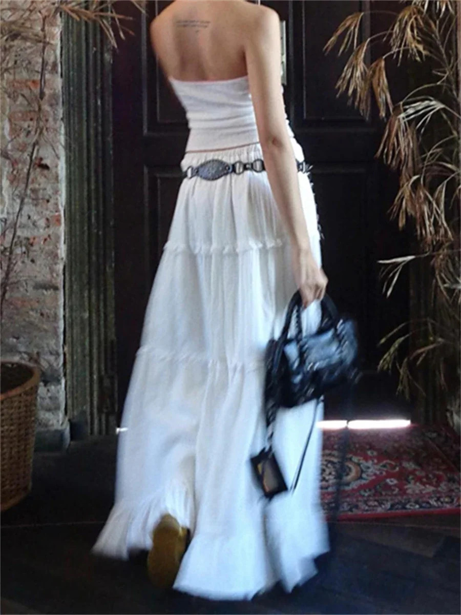 Fairycore Elegant White Smooth Hoop Dress Women’s Elastic Waist Lotus Leaf Edge