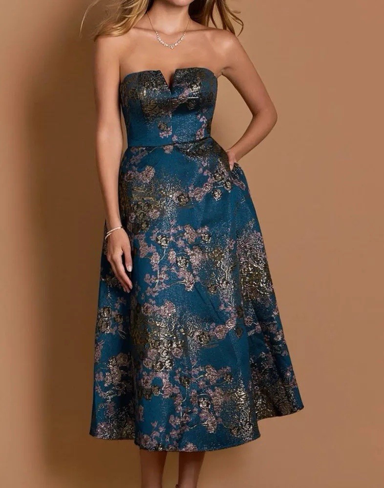 Azazie Blue Gold Floral Jacquard Sweetheart Spaghetti Strap Midi Dress Sz 4
