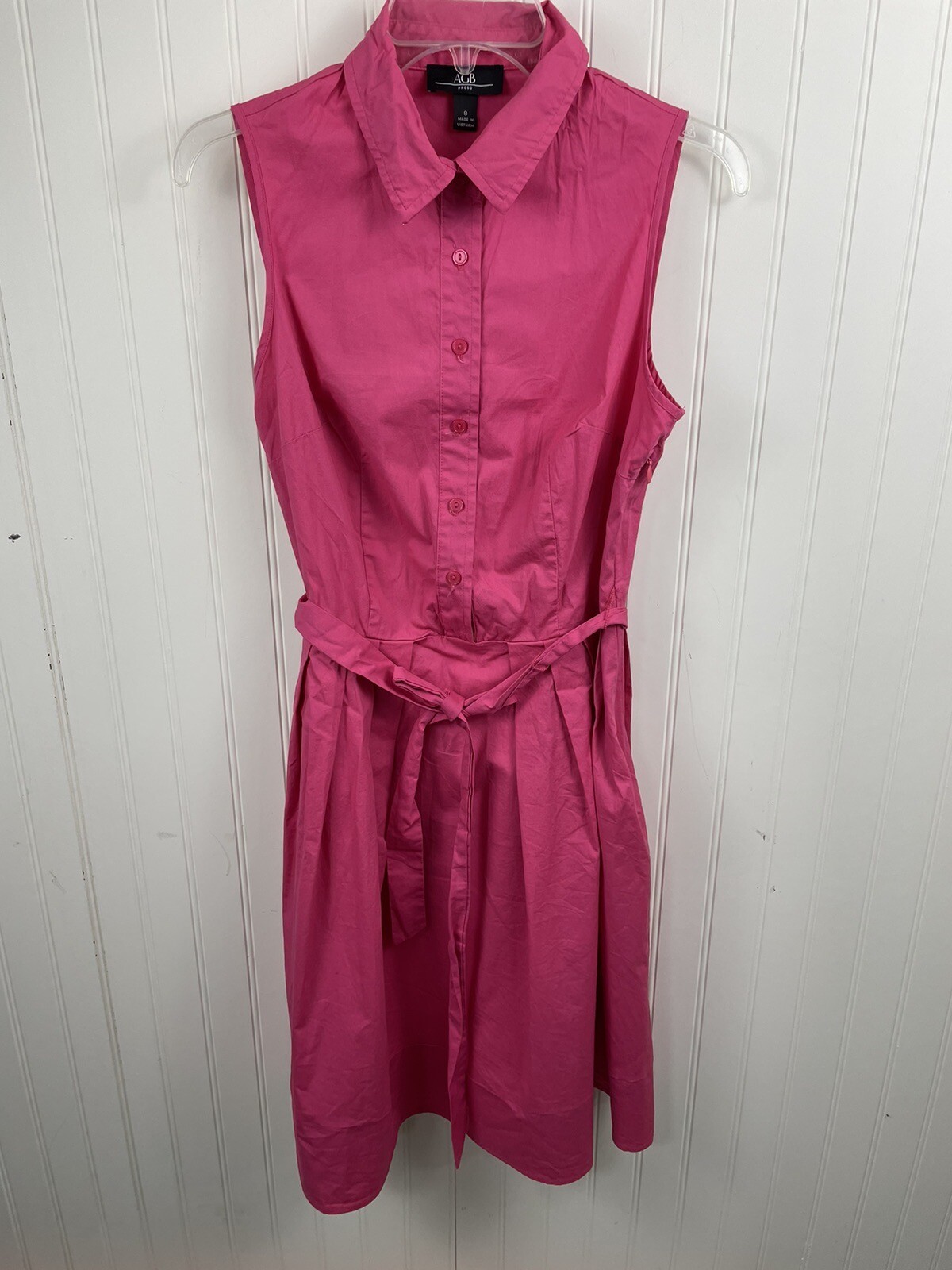 AGB Petite Womens Cotton Shirt Dress Sleeveless Pink Side Zipper Medium