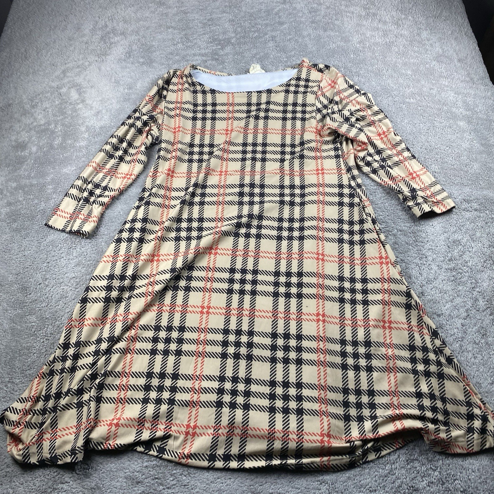 Yelete Dress Women Medium Beige Plaid Shift Short 3/4 Sleeve Round Neck
