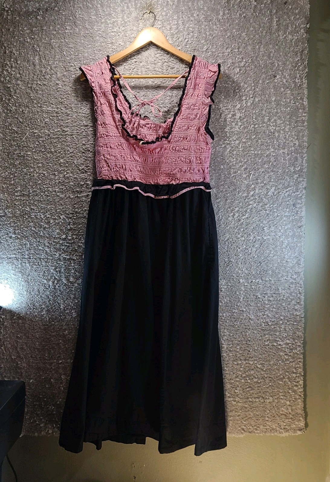 Free People Tovi Midi dress Ruffled Smocked Square Neck Ruched Textured XL Pink