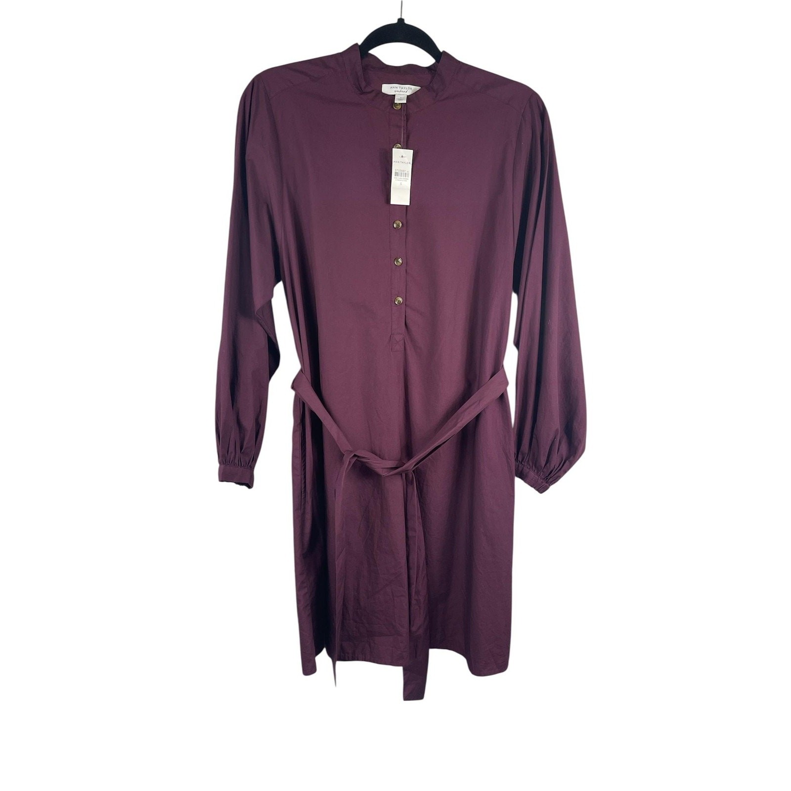 Ann Taylor Shirt Dress Women’s Small Purple Cotton Belted Pockets Long Sleeve