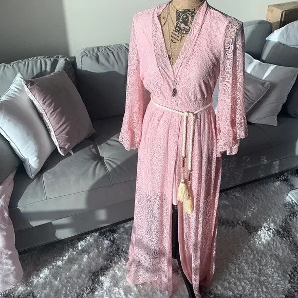 Venus Pink Lace Boho Bell Sleeve Split Smocked Belted V Neck Dress