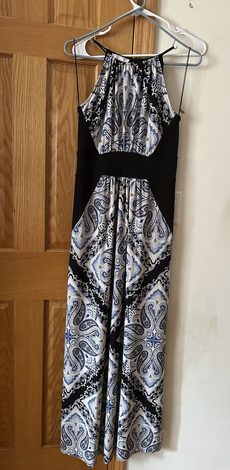 London Style Collection Black White Blue Paisley Halter Strappy Maxi Dress S