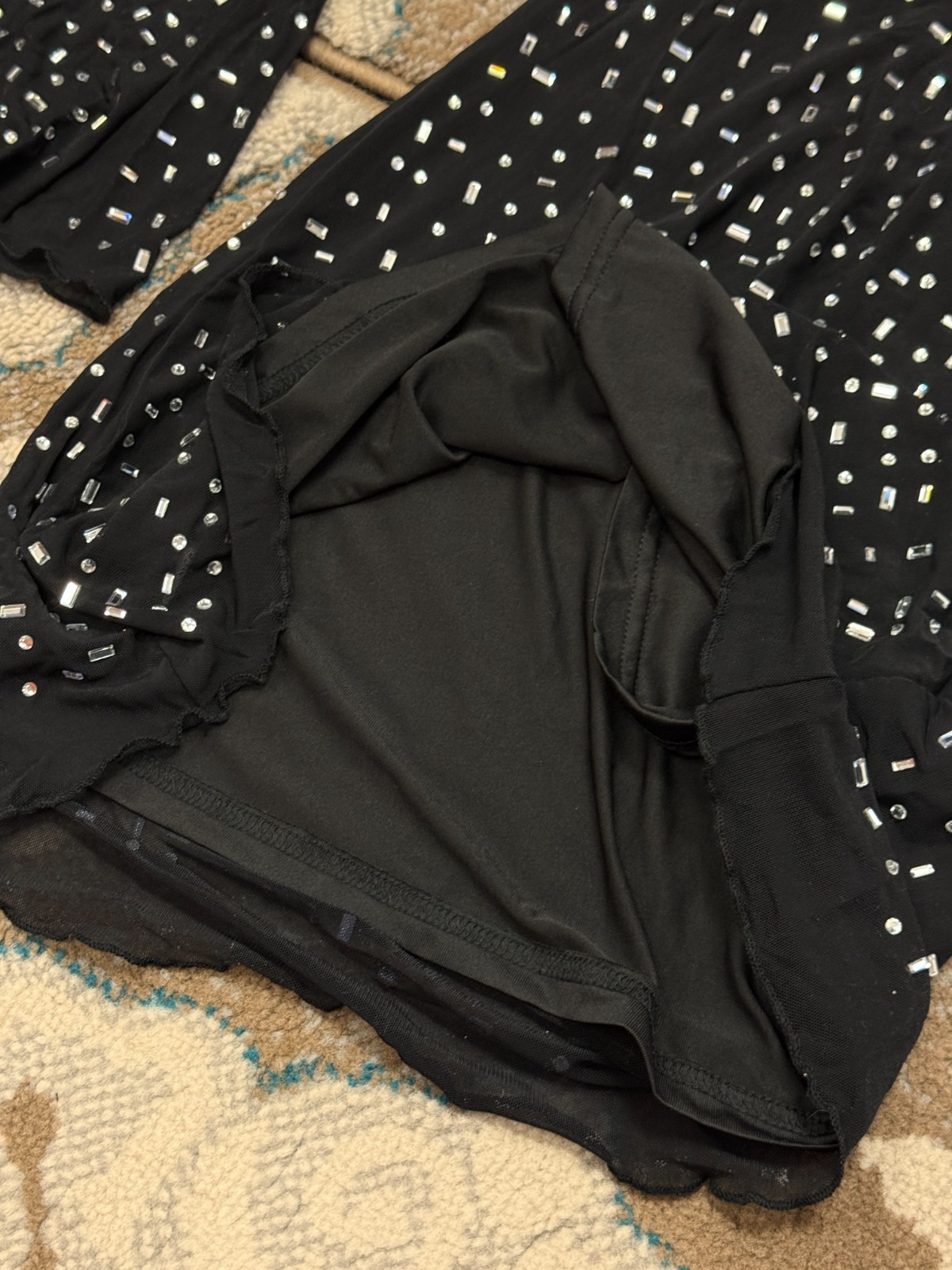 Women Jersey Midi Dress Black Mesh Crystal-Embellished Flared Sleeve Cutout Back