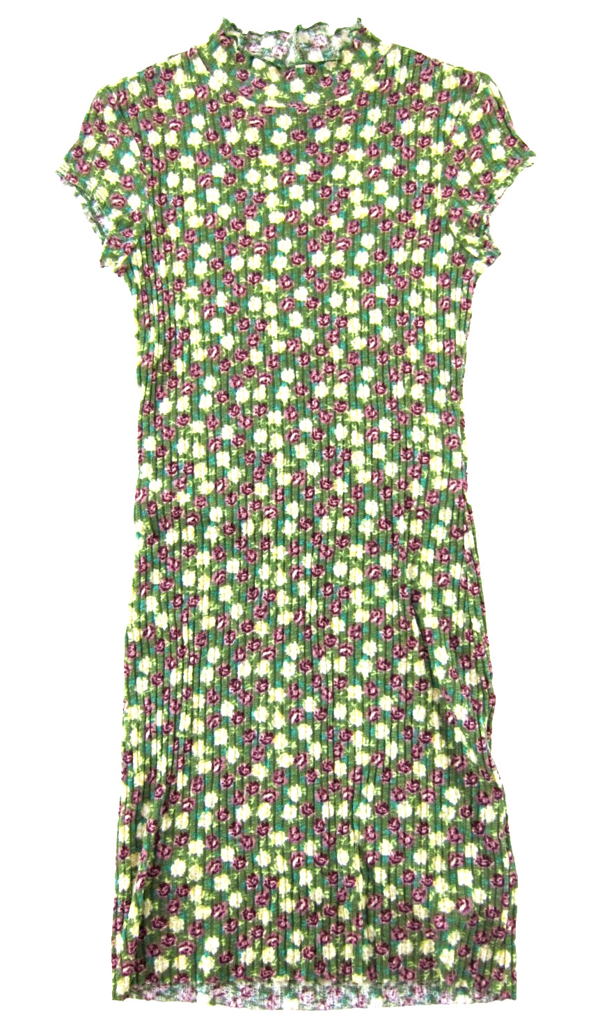 NWT Urban Outfitters Green Purple Floral Stretch High Neck Cap Sleeve Dress S
