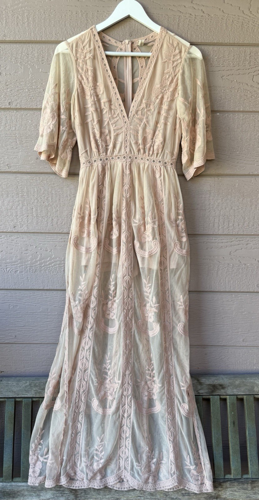 Wishlist Women’s Small Blush Pink Embroidered Mesh Maxi Dress Boho V Neck