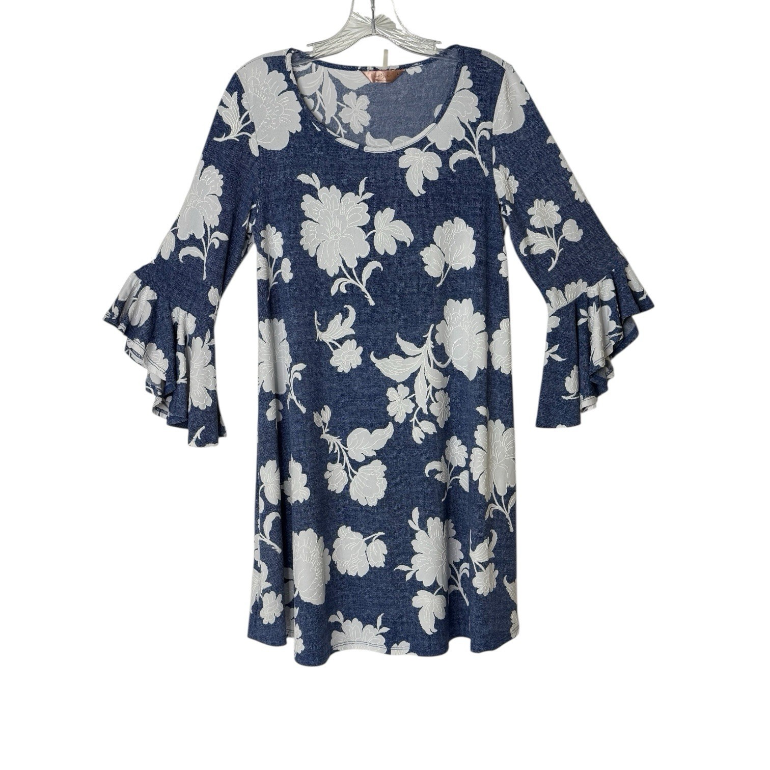 SJS Floral On Blue Faux Denim Style Flounce Sleeve Knee Length Womans L Dress