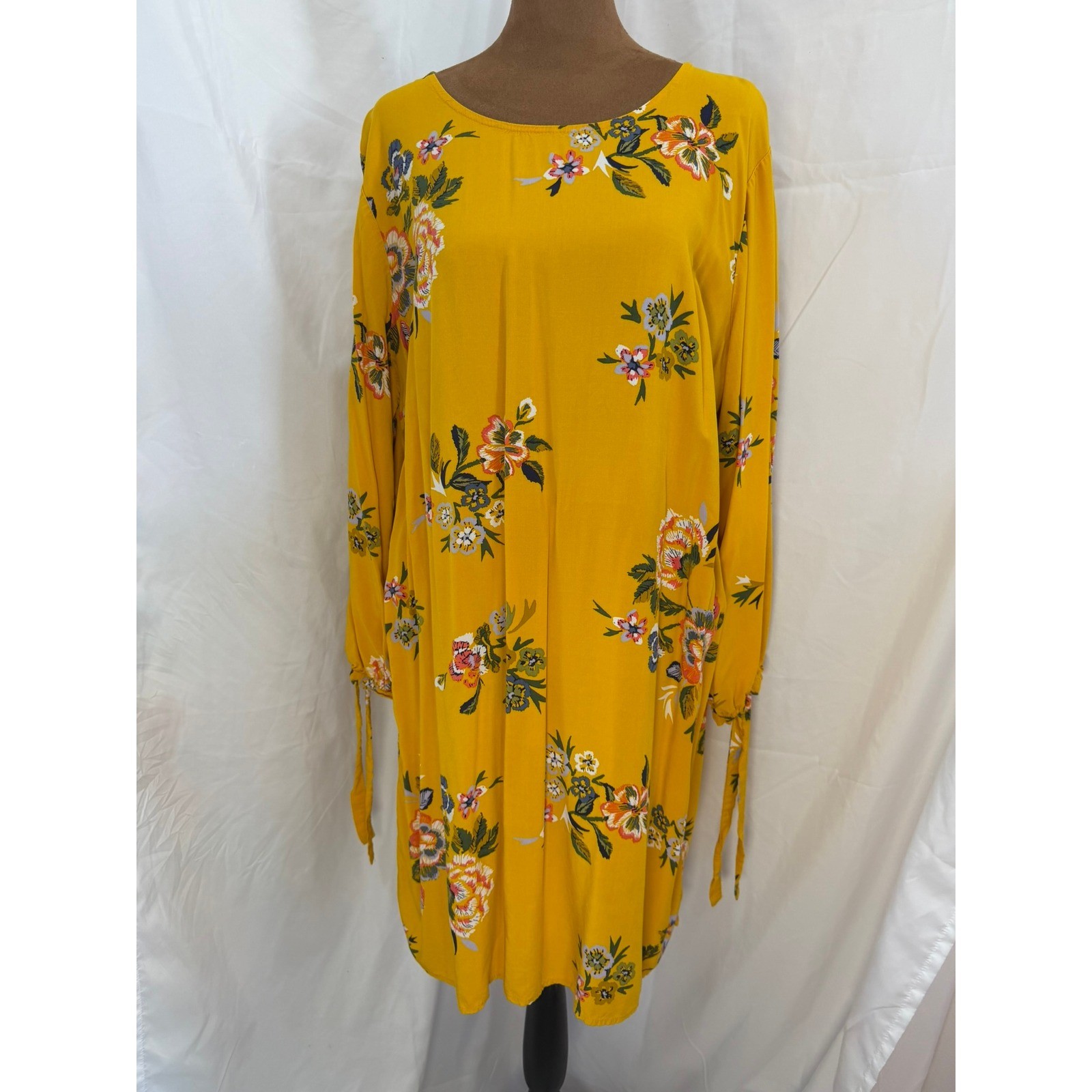Old Navy Mustard Yellow Floral Long Sleeve Tie Cuff Shift Dress XL
