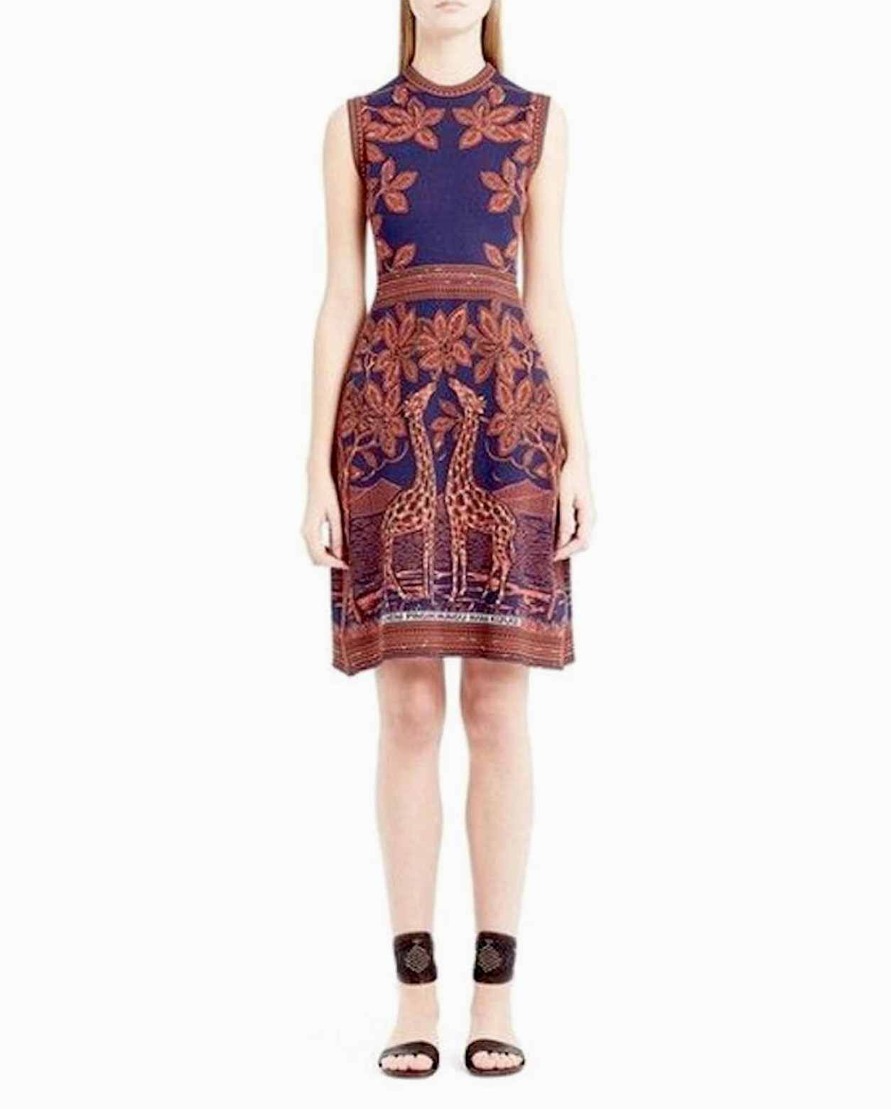 Valentino Giraffe Intarsia Knit Dress Navy Rust Sleeveless A-Line Dress US 12 XL