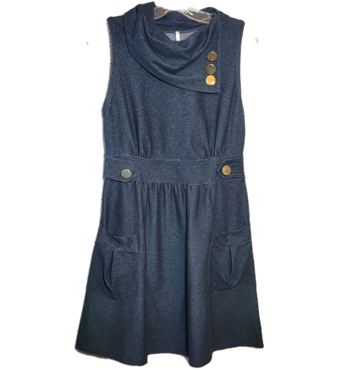 Poetry Dress Womens Chambray Size M Fold Over Collar Gold Button Detail Pockets