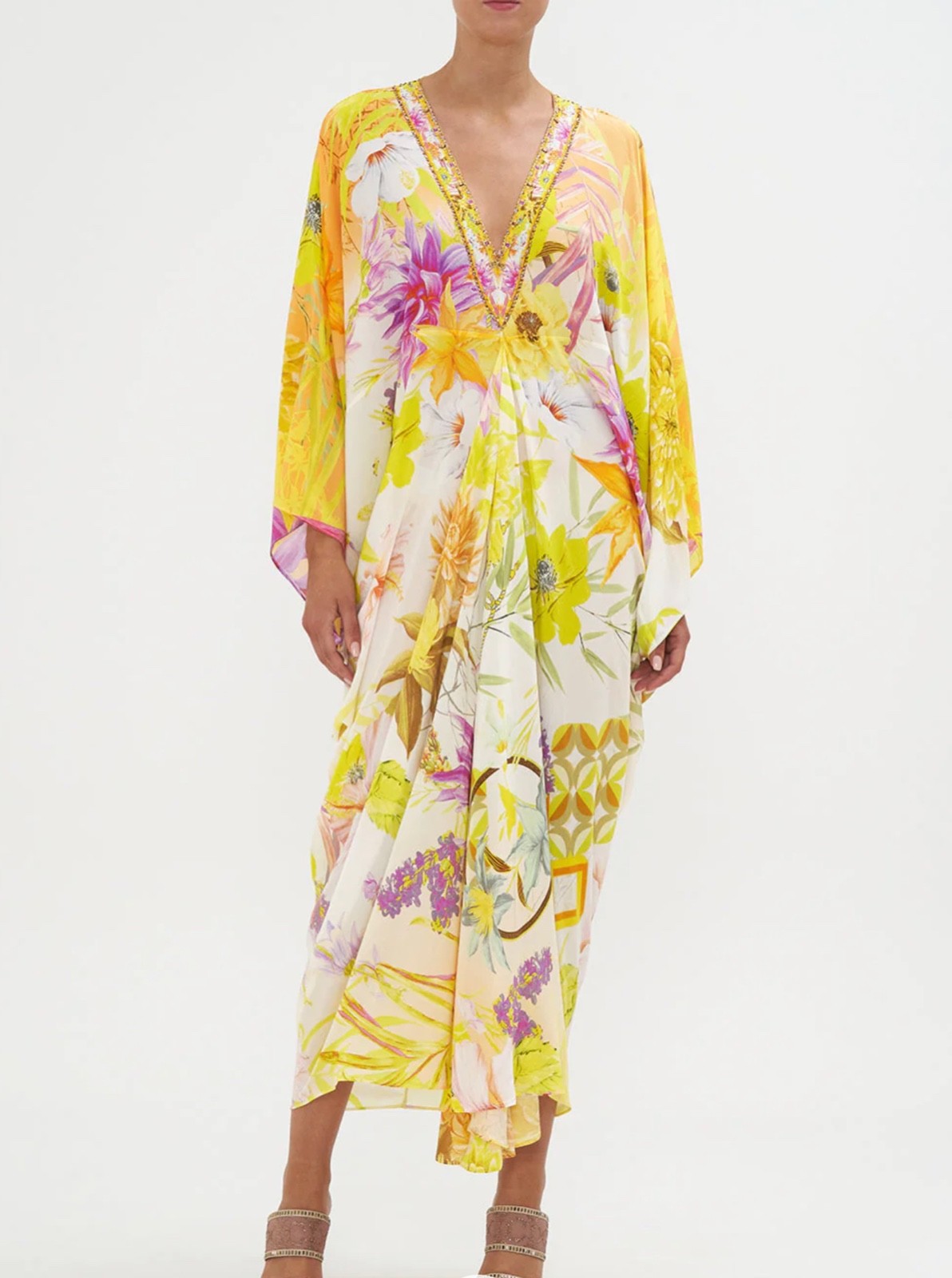 CAMILLA FRANKS YELLOW FLORAL T-SHAPE KAFTAN O/S