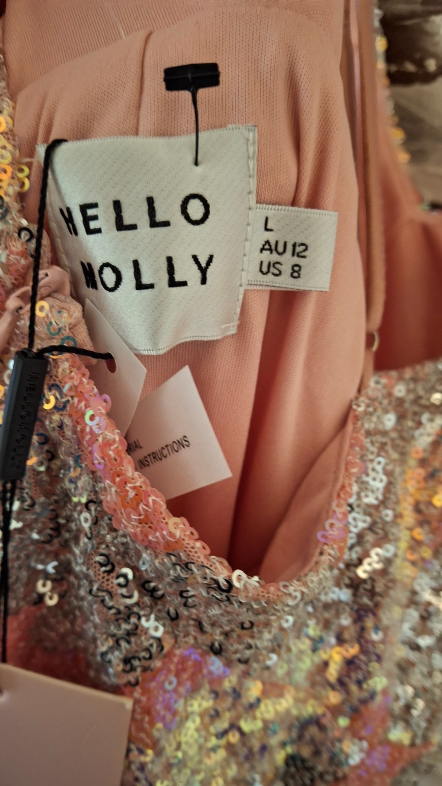 New Hello Molly Size 8 Pink Silver Sequin Dress Crossback Spaghetti Straps Mini