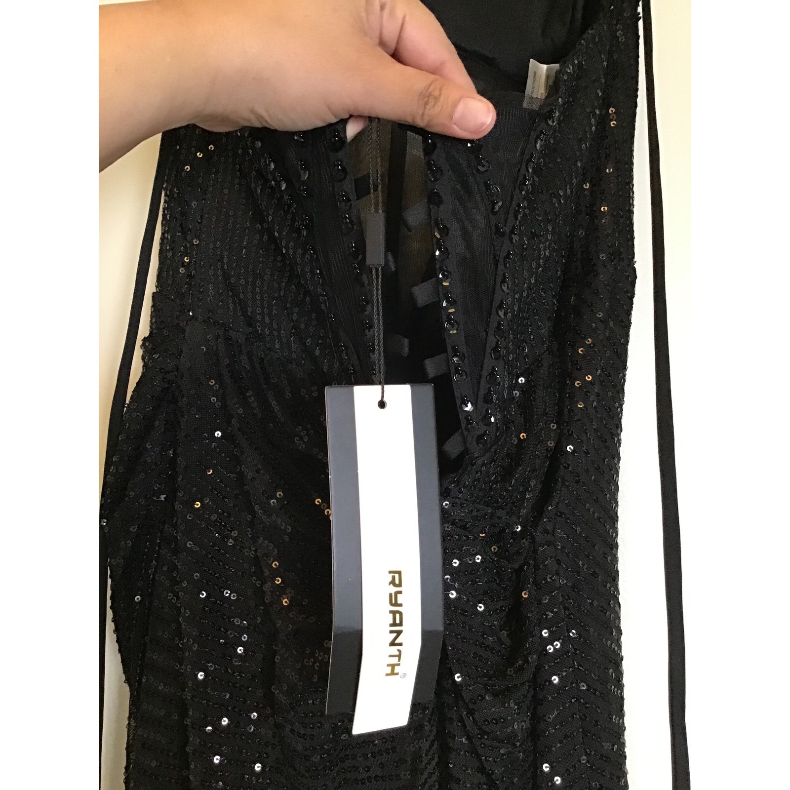 RYANTH Women’s Black Sequin Corset Bodice Lace Up Back Maxi Dress Size 14 NWT