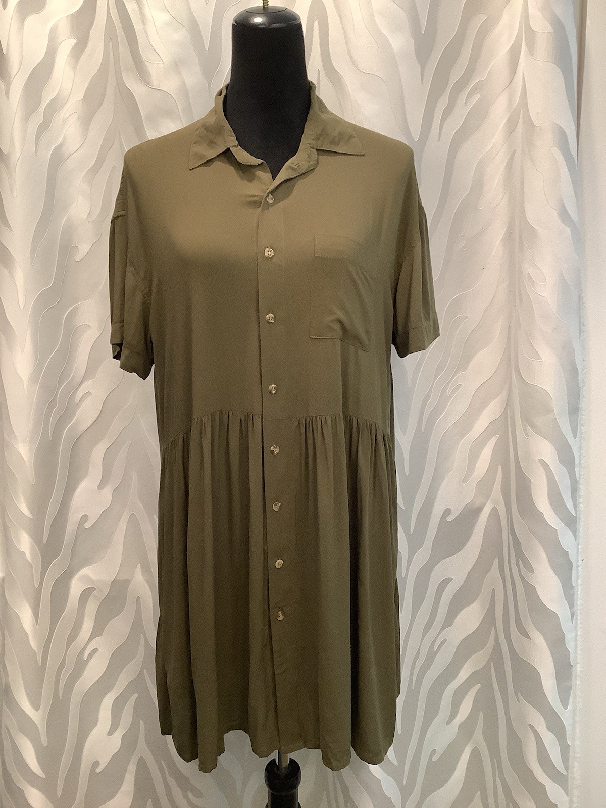 Mai 100% Bamboo Women’s Olive Green Button Front Tiered Back Babydoll Dress XS