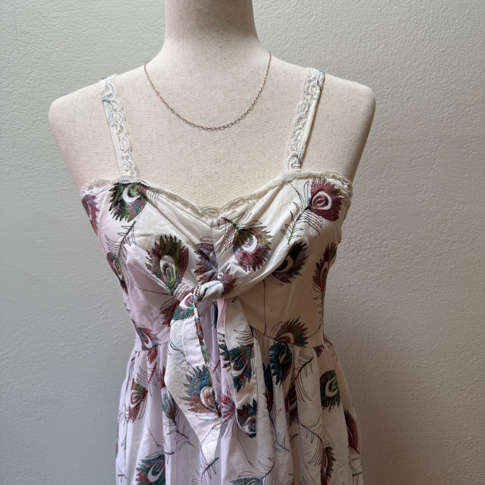 Papillon Embroidered Peacock Feather Maxi Dress Boho Festival Core Smocked Back