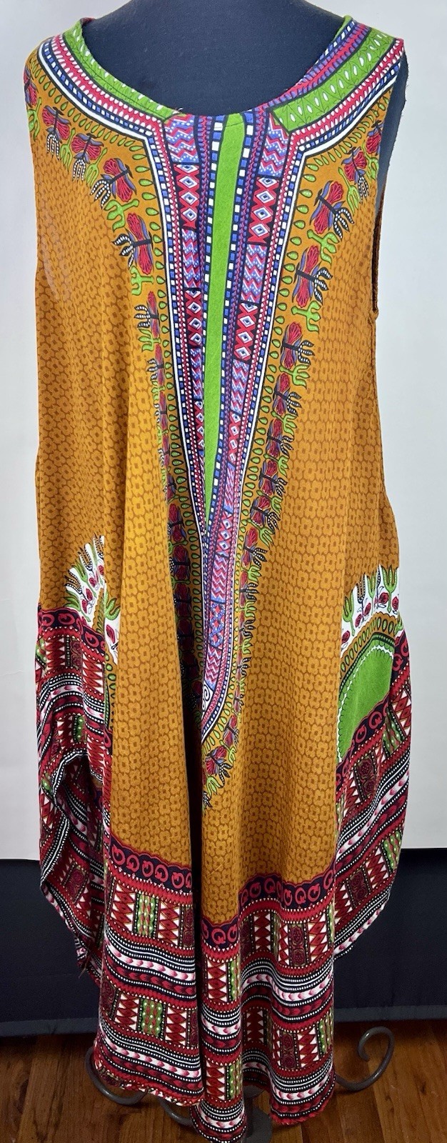 Vtg. Jessica Taylor Rayon Dress Pull Over Sz. 2X Rayon Green Gold Graphic