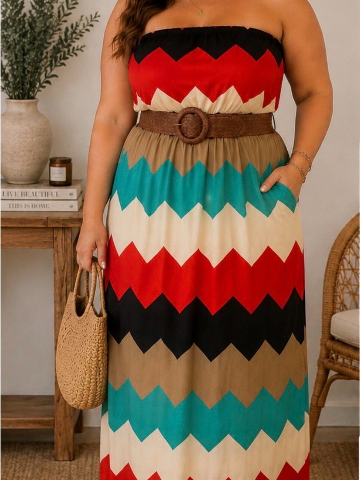 Justify Strapless Chevron Maxi Dress in Red, Black, Teal, Tan & Cream