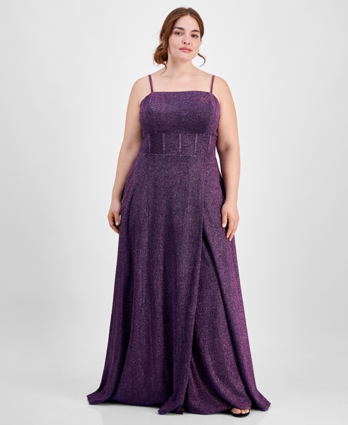 City Studio Plus Size Glitter Sleeveless Gown 18W Grape Square Neck Zip Closure