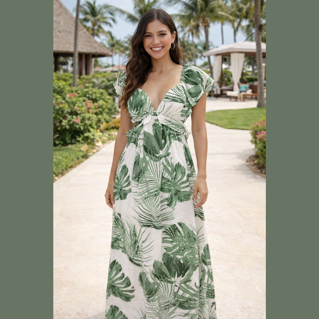a.peach Women’s Medium Maxi Dress Tropical Leaf Print Cutout Back Tie Resortwear