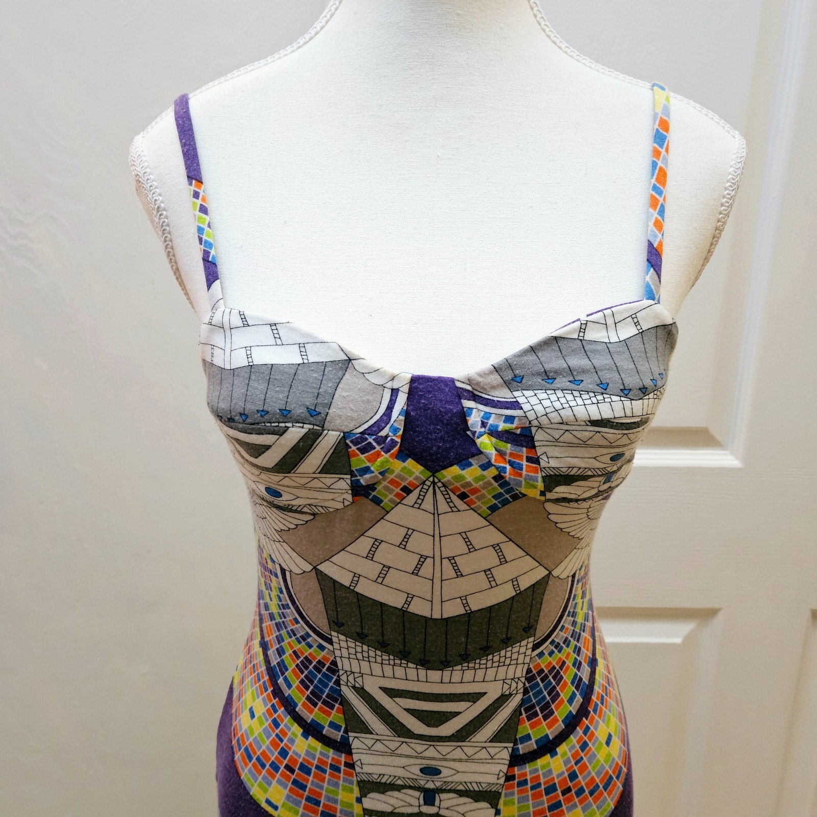 MARA HOFFMAN Runway White Purple Printed Egypt Stretch Bodycon Mini Dress XS