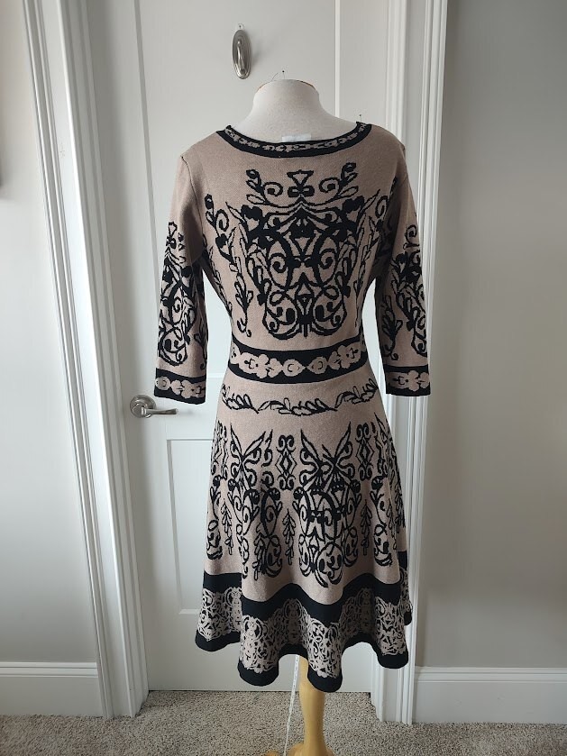 J. Taylor Beige and Black Patterned Knit Dress with 3/4 Sleeves