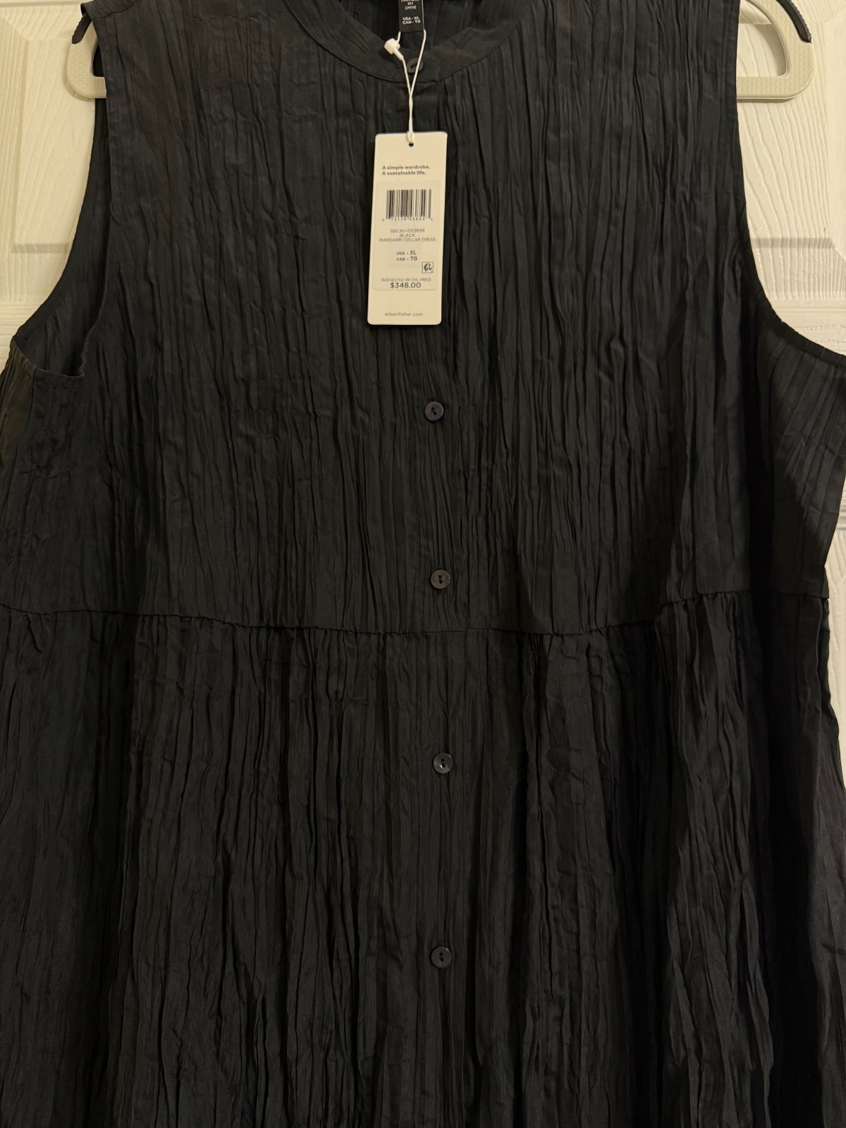 NWT $348 Eileen Fisher Black Crinkle Silk Habutal Mandarin Collar Dress M L XL