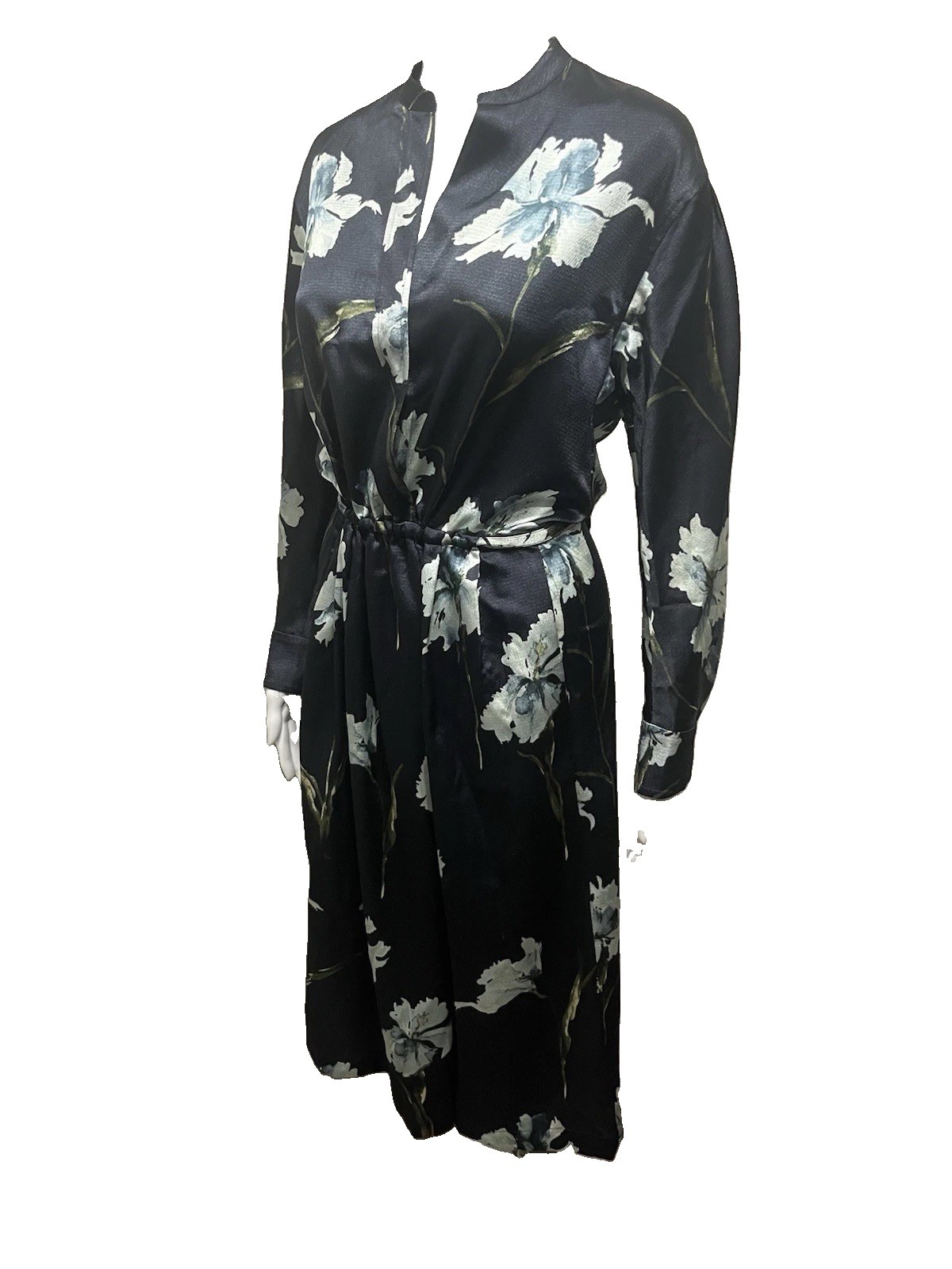 Vince Navy Floral Iris Print Long Sleeve Satin Shirt Dress Coastal Size XS $345