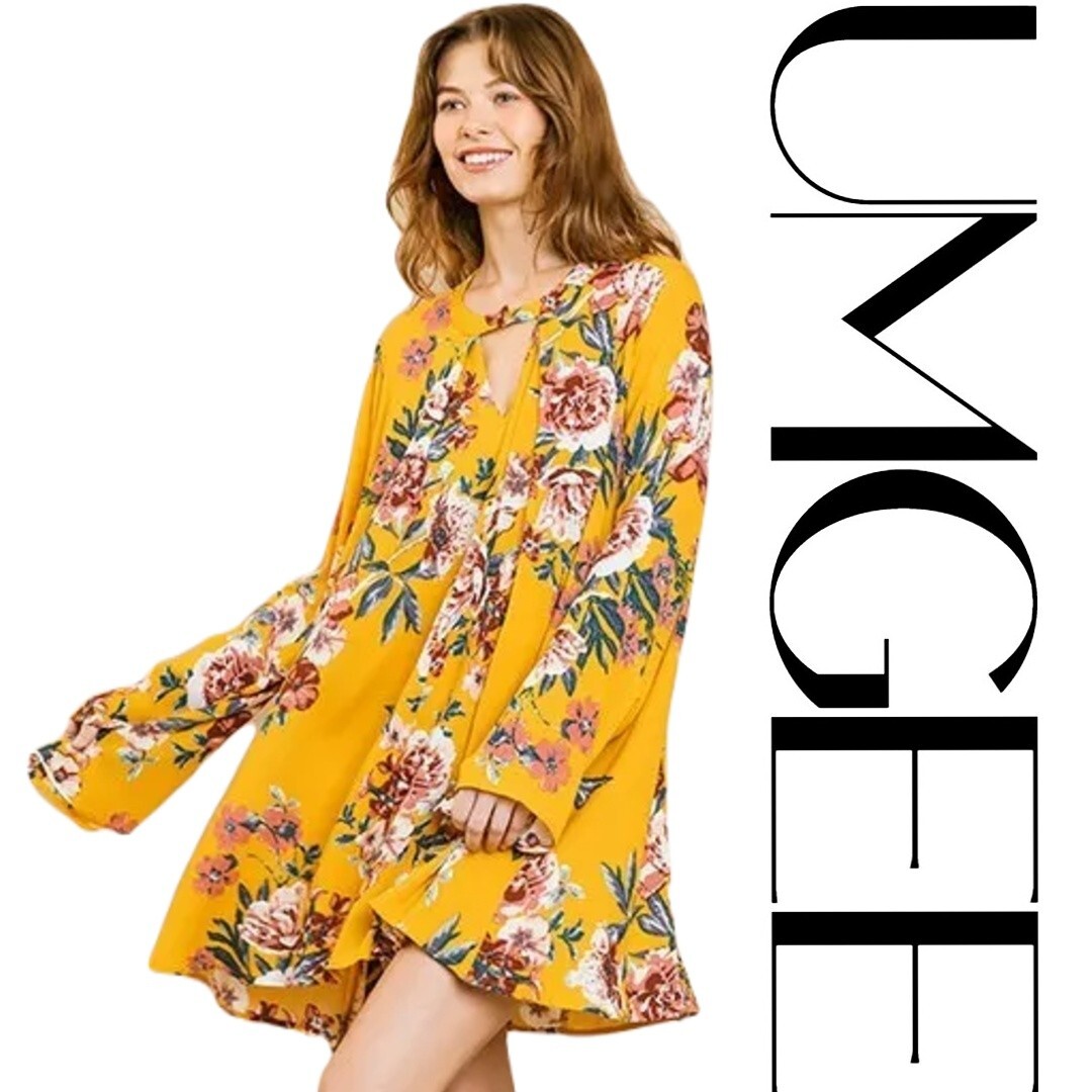 S-M UMGEE GOLDENROD Floral Print Bell Sleeve Keyhole Button Dress/Tunic BHCS