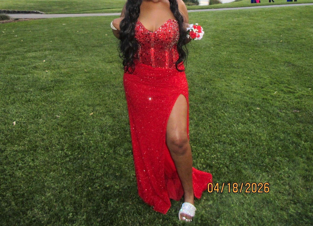 Portia & Scarlett PS24850C Red Strapless Beaded Sequin Long Gown 14 Slit