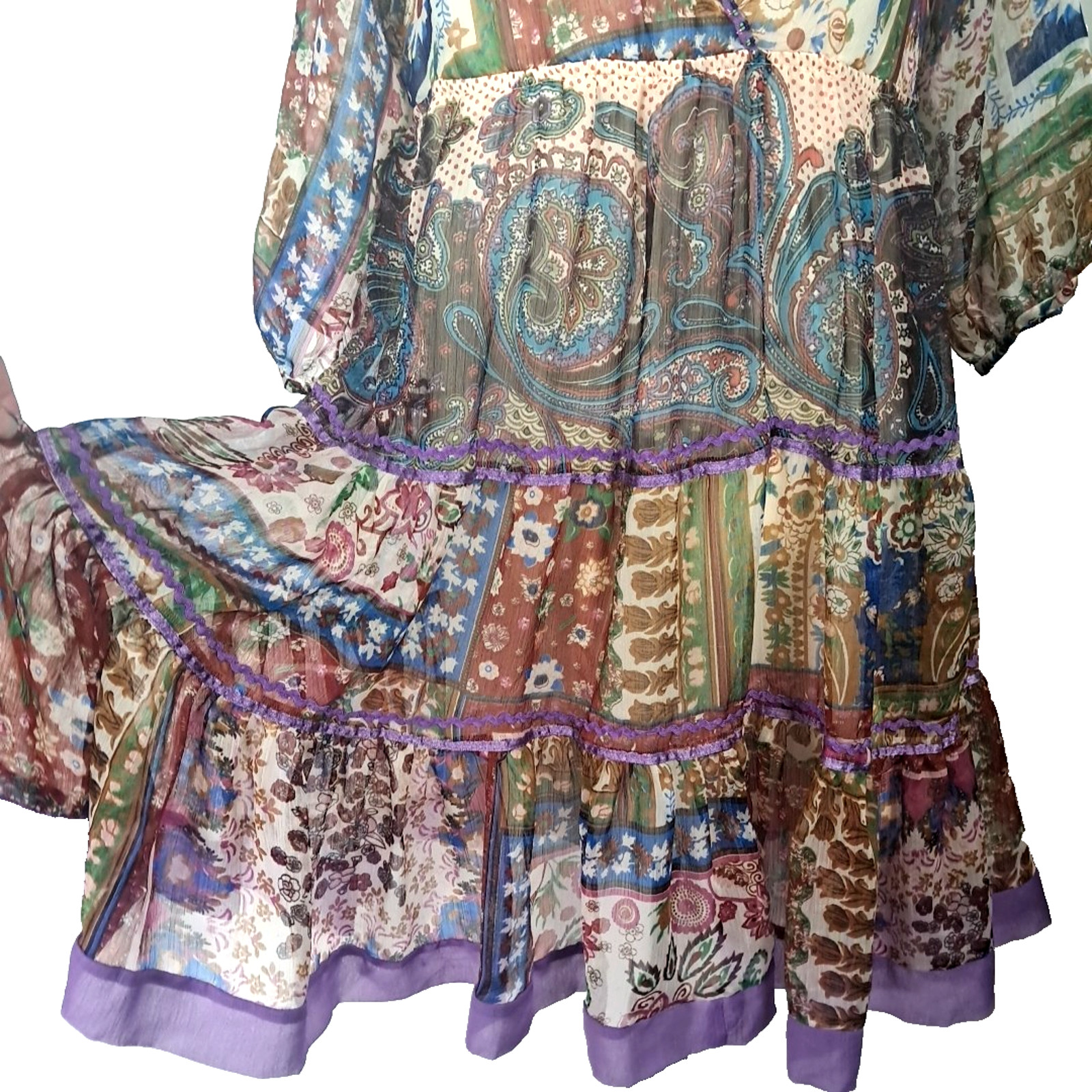Babydoll Floral Sheer Patchwork Beaded Tiered Mini Dress Size M Purple Boho