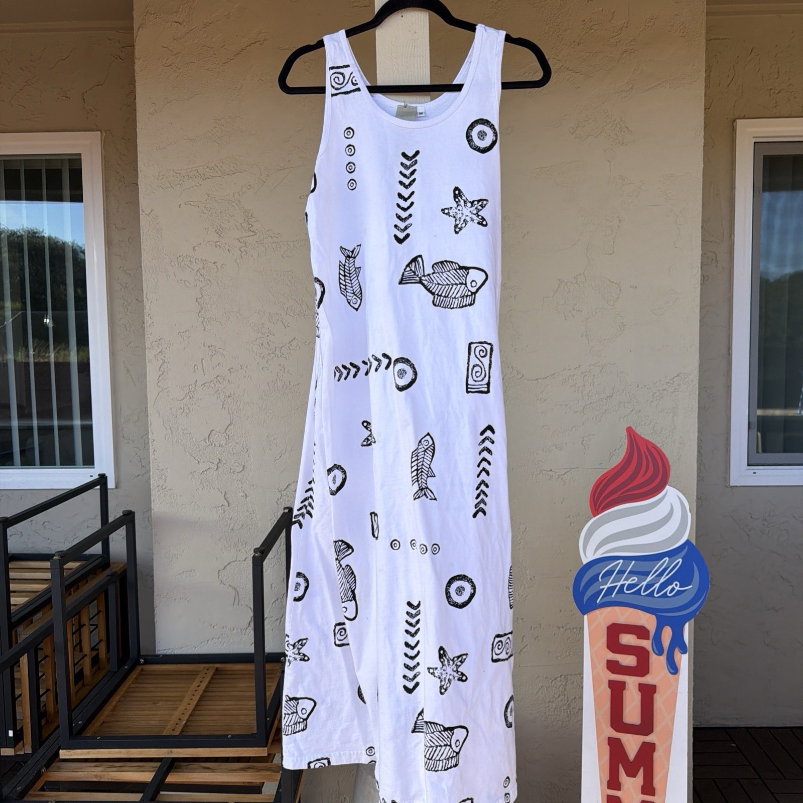 Maui 100% Cotton Co Maxi Tank Dress White Fish USA Hawaiian Sleeveless STAIN Sea