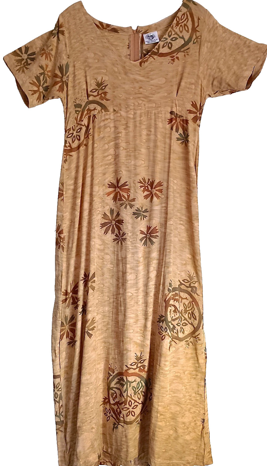 Dress, Long, Zipper, Beige Floral Batik, LG, Rayon, Hand Made, 50″ Length