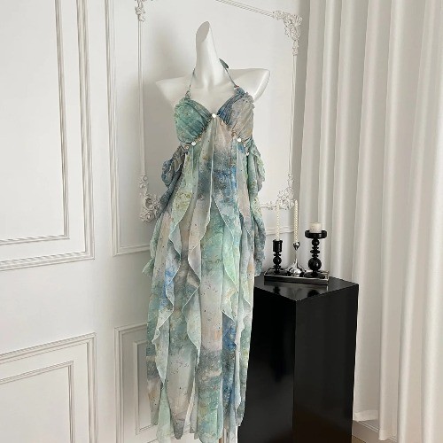 2025 Halter Neck Ruffled Maxi Dress Blue Green Floral Bohemian Beach Party Dress