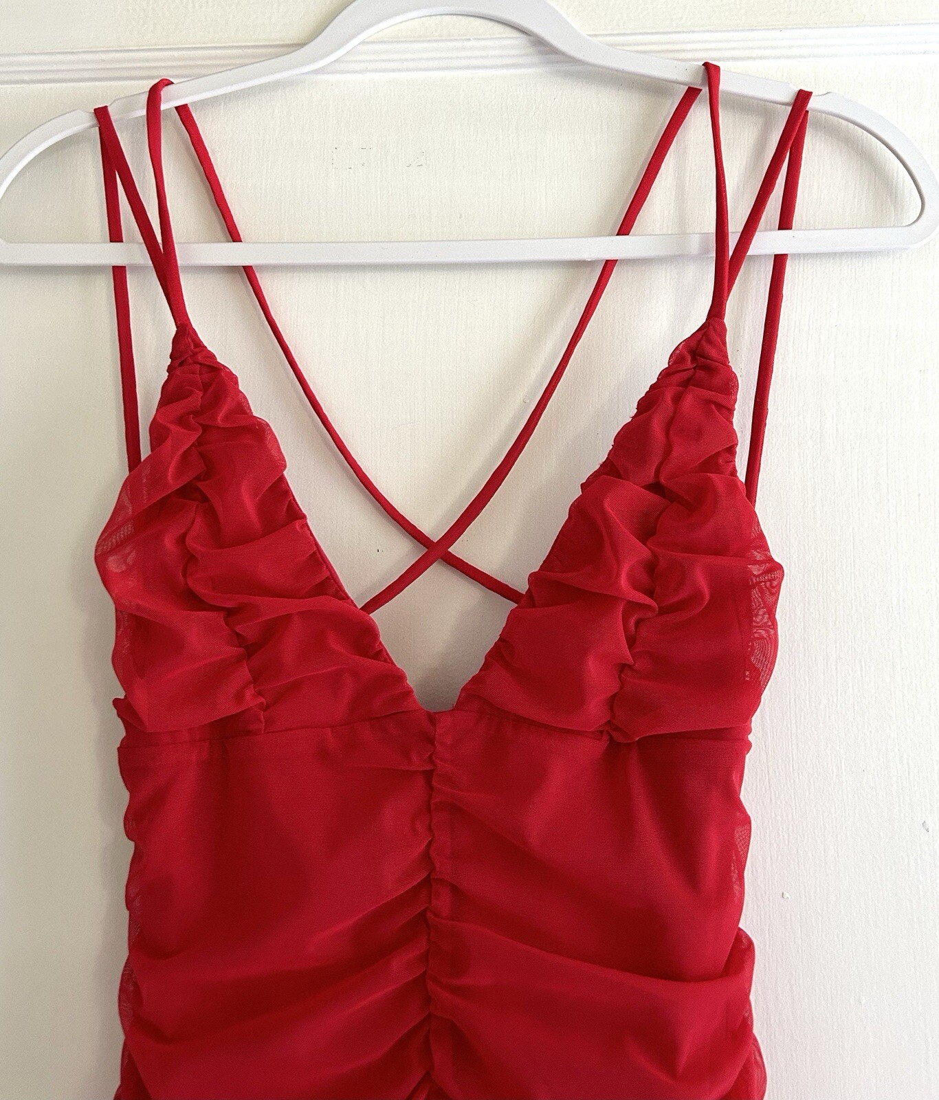 Michael Costello X Revolve Fiji Red Ruched Midi Dress Size Small