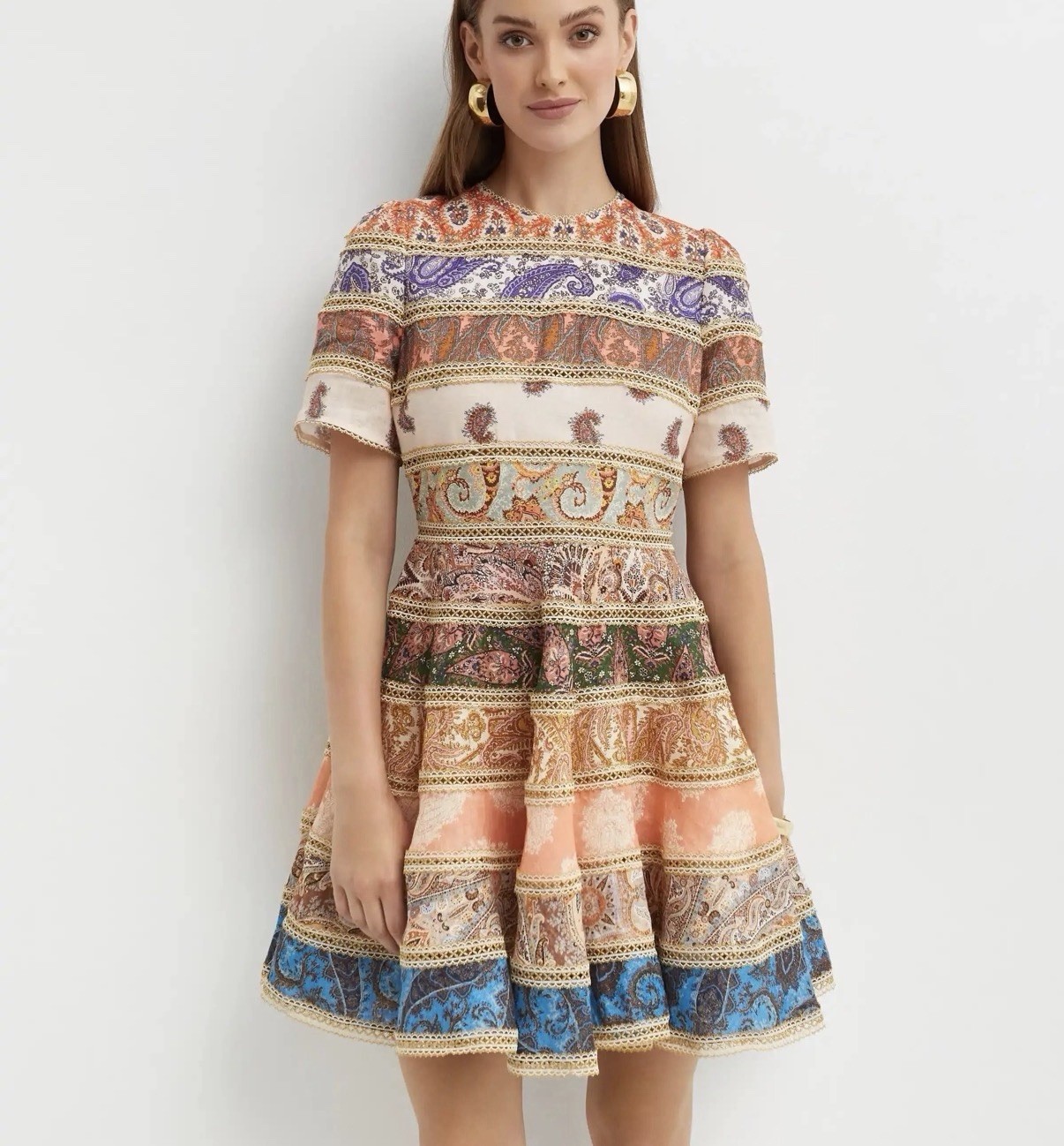 Zimmermann Devi Spliced Mini Dress Size 1/AU 10/US 8 Gold Trim Paisley Rare EUC