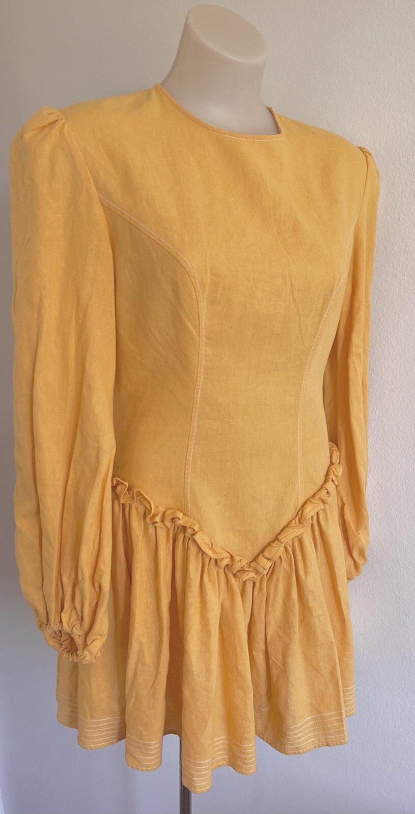LEO LIN Mini Dress Yellow Pastel Orange Cotton Linen balloon Sleeves SZ AU 10 M