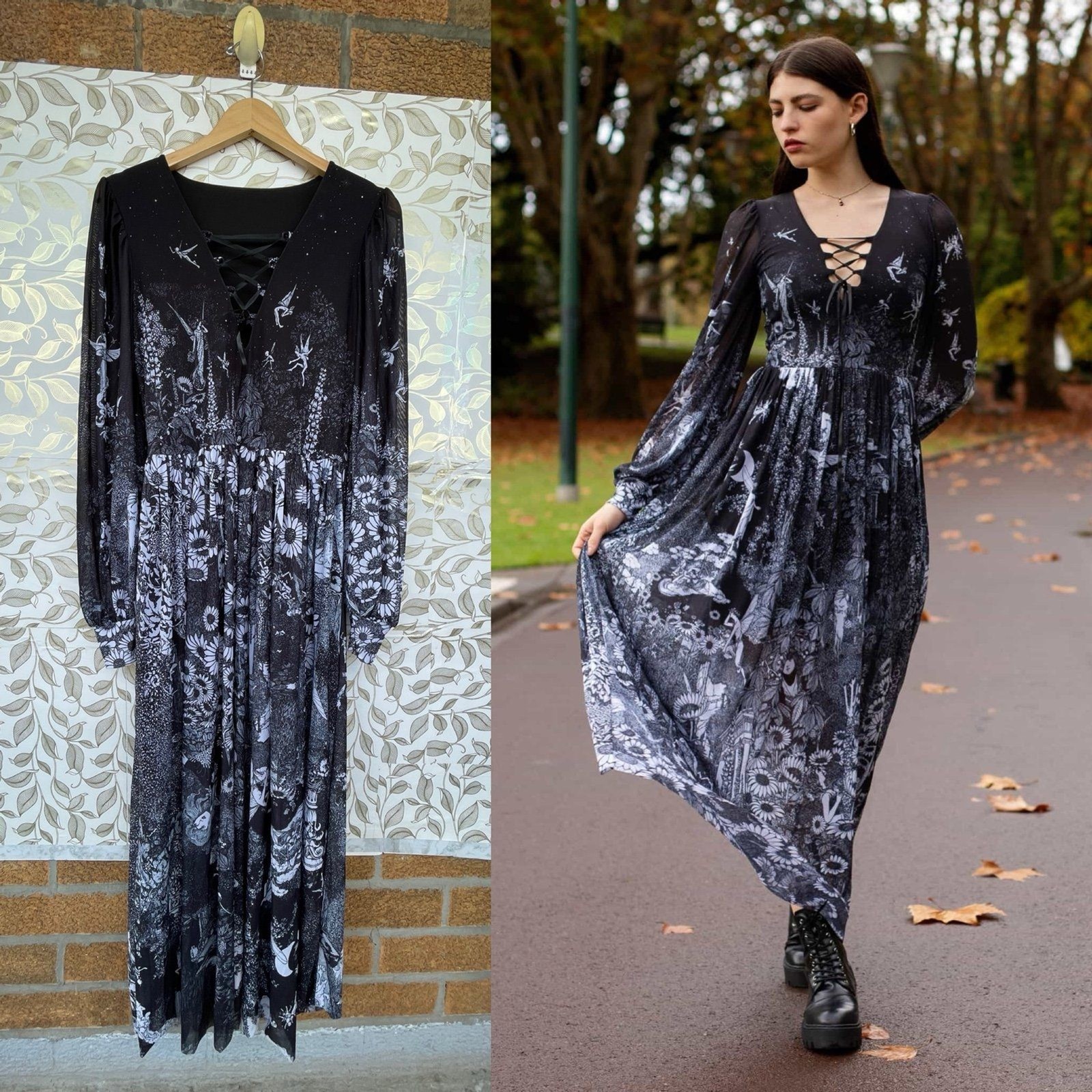 Blackmilk William Heath Robinson’s Fairytales br Sheer Bishop Maxi Dress large
