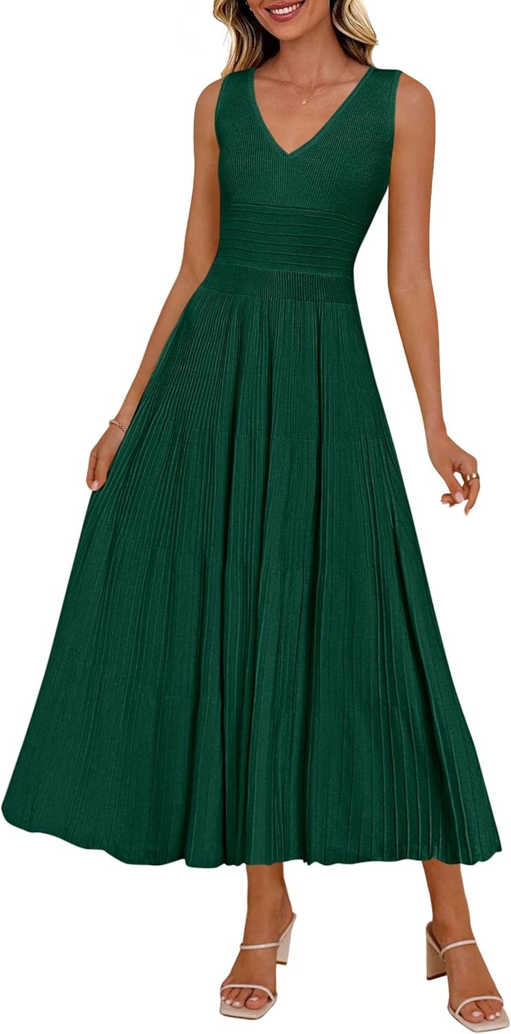 Summer Dresses for Women 2026 Spring Casual Sleeveless V Neck Pleated Midi Work