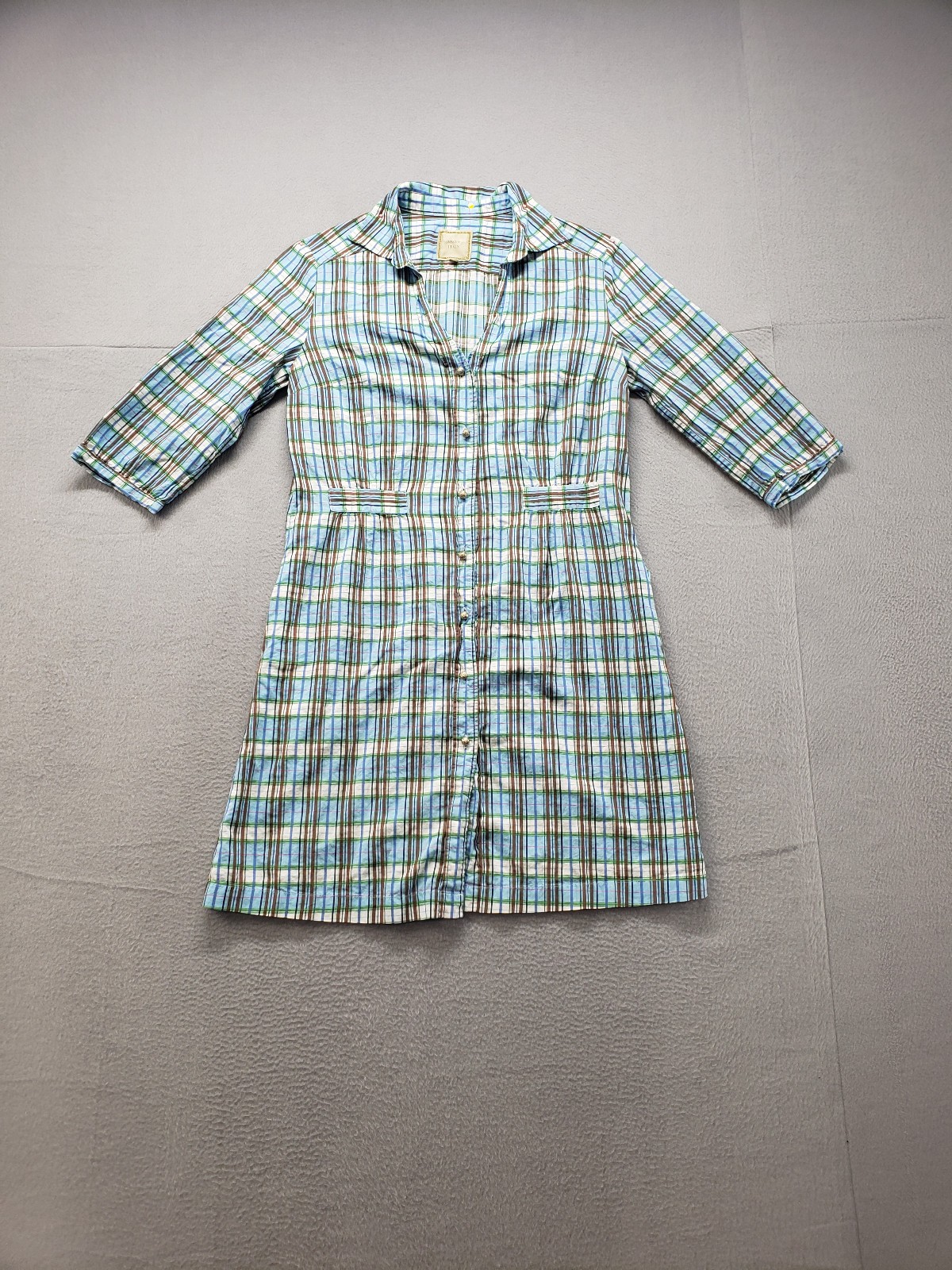 0039 Italy Women Shirt Dress L Multicolor Plaid Button Up Collared 3/4 Sleeve