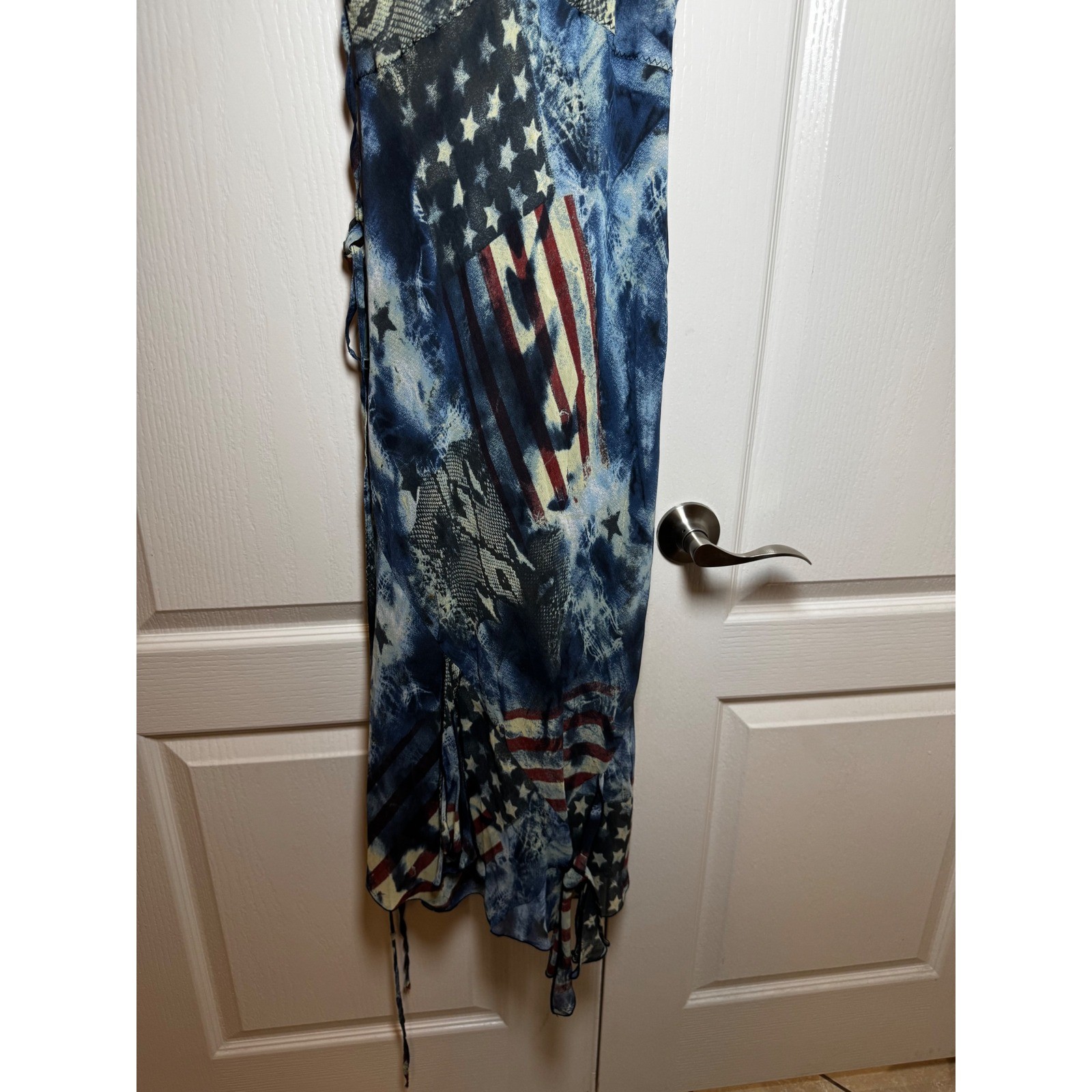 Sandro Womens American Flag Patchwork Snakeskin Print Fringe Midi Dress Blue