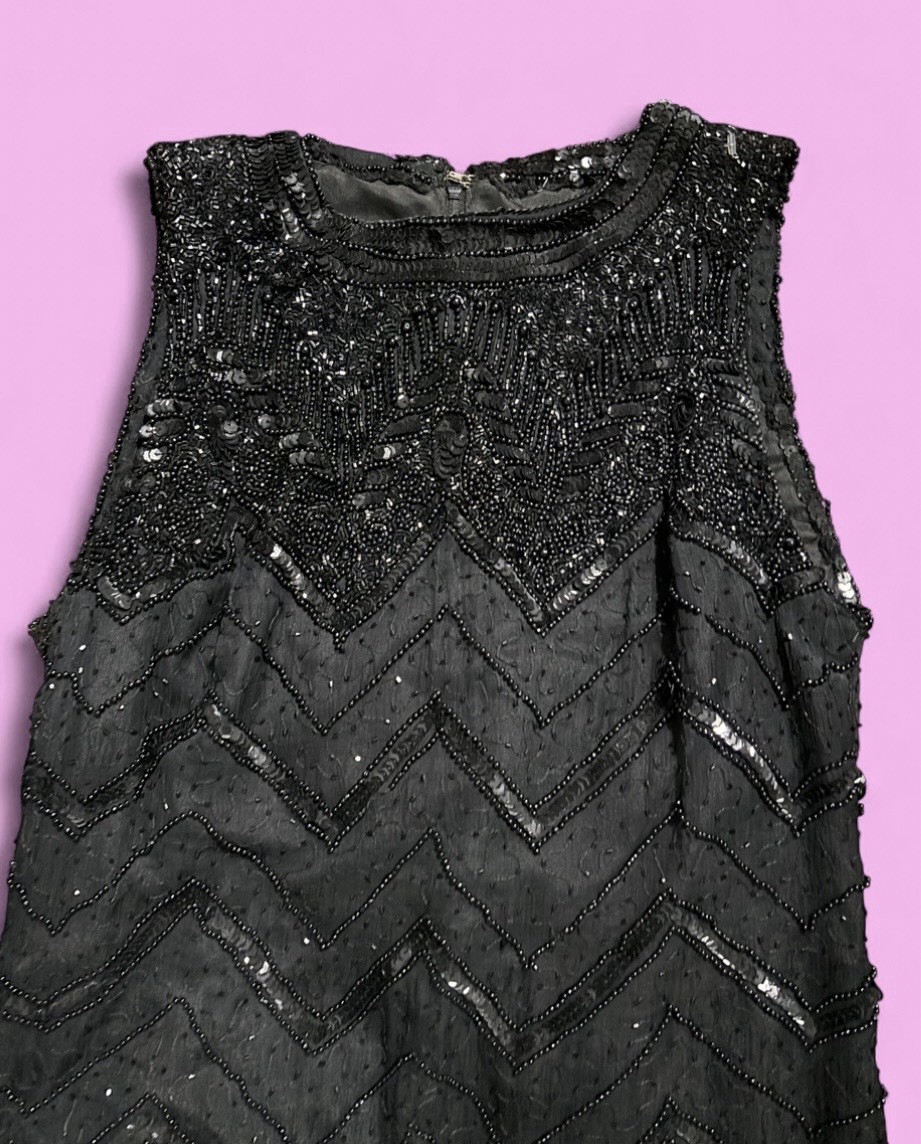 Stunning Black Beaded Sequin Art Deco Style Shift Dress Sleeveless Vintage