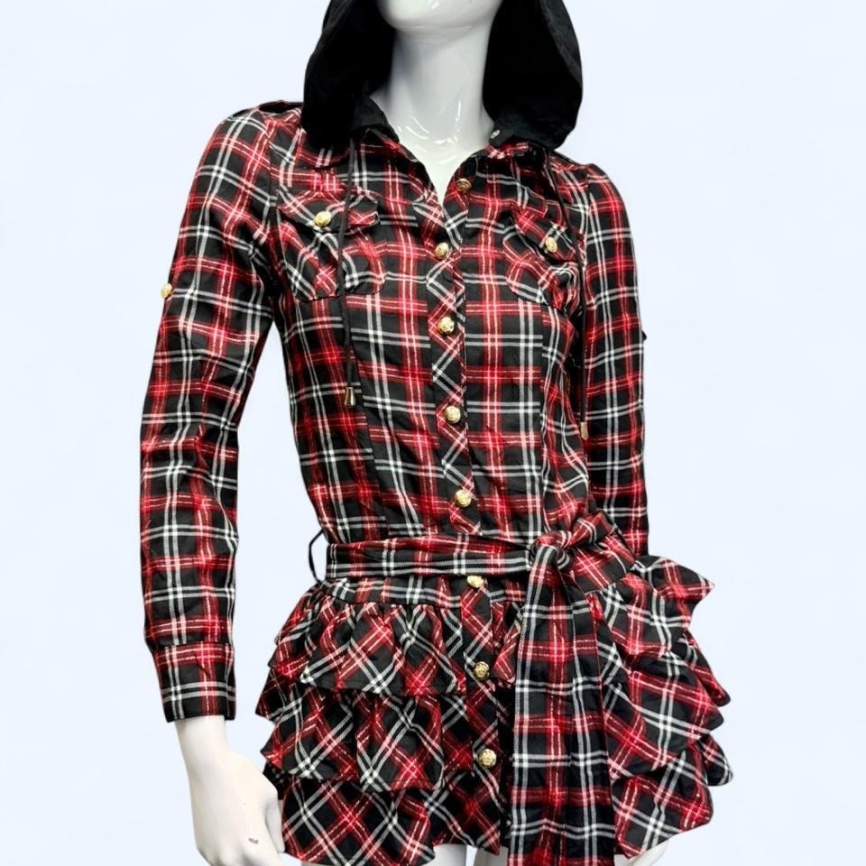 Tralala Liz Lisa red black Plaid Hooded Mini Dress Ruffle Gothic Punk Womens S