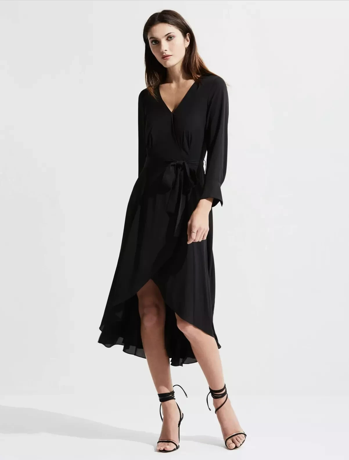 BAILEY 44 Olympia Solid Dress Size 4 Black NWT Surplice High Low Slit Midi Belt