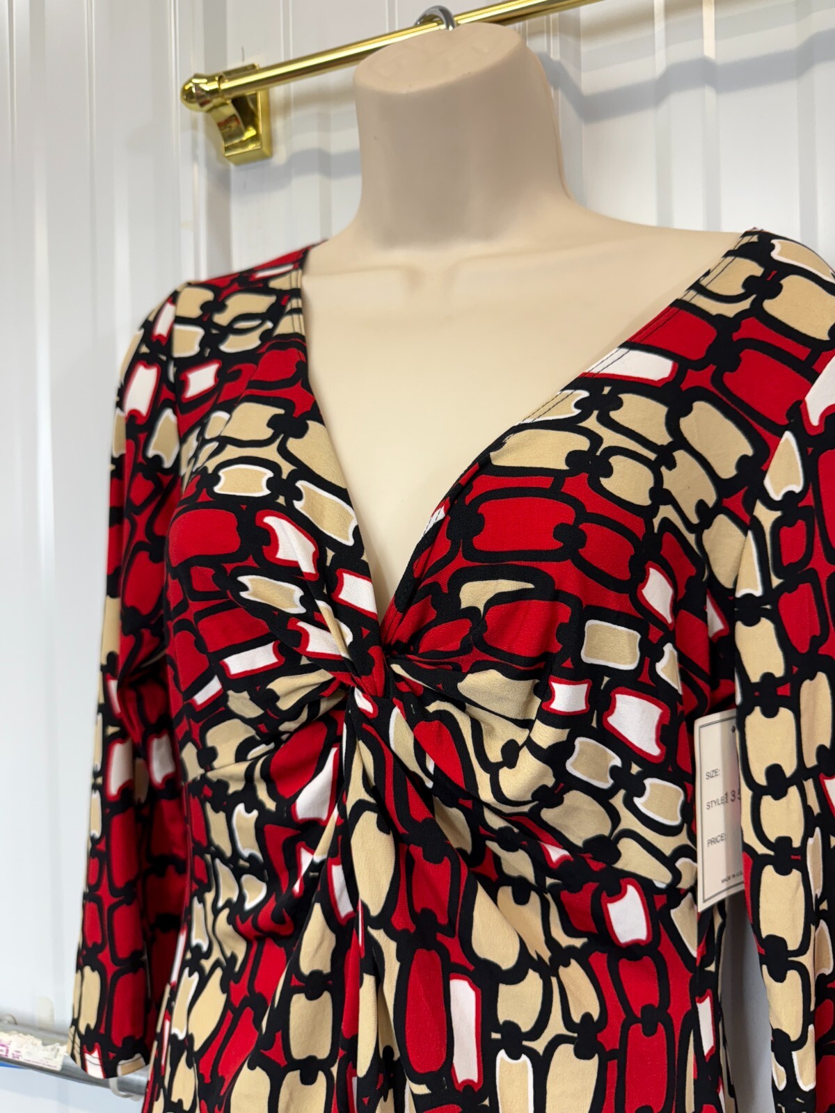 Y2K Deep V-Neck Retro Knot Front 3/4 Sleeve Bold Graphic New Old Stock stretch