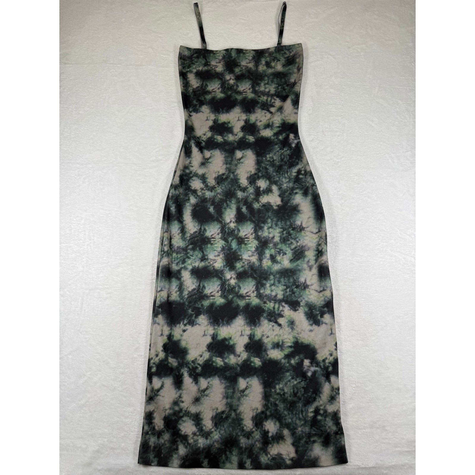 Zara Womens Large Green Tie Dye Ribbed Knit Bodycon Midi Slip Dress Sleeveless