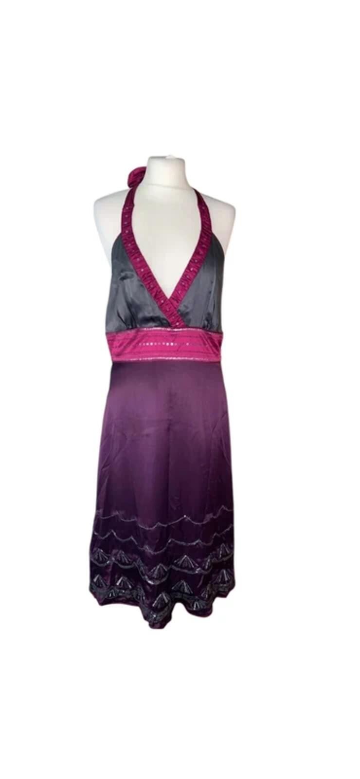 Monsoon pink /purple beaded silk halter neck midi dress size 14 100% SILK