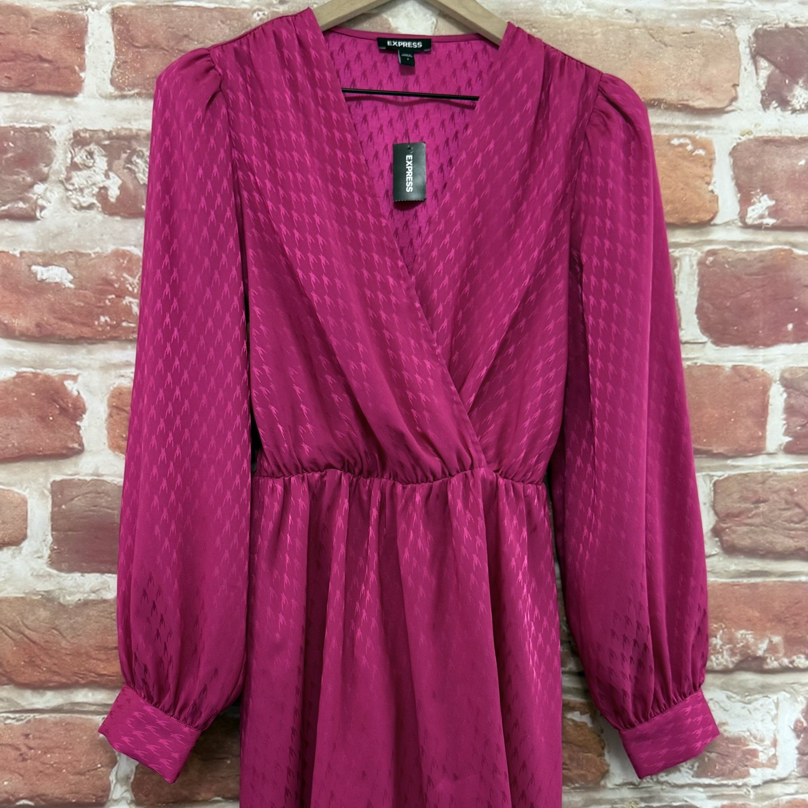Express Dress Womens S Pink Houndstooth Abstract Satin Tie Back Surplice Wrap