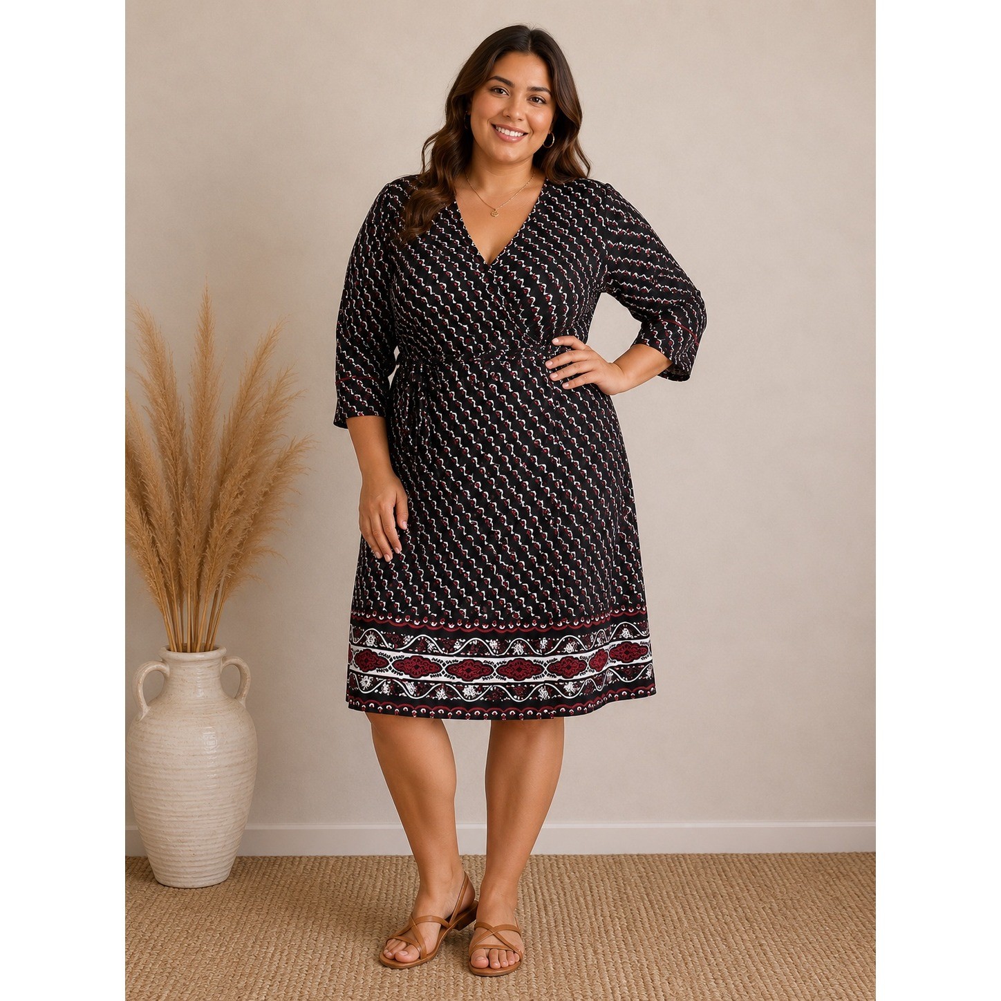 NEW Suzanne Betro Wrap Dress Women 4X Black Red Geometric Floral 3/4 Sleeve