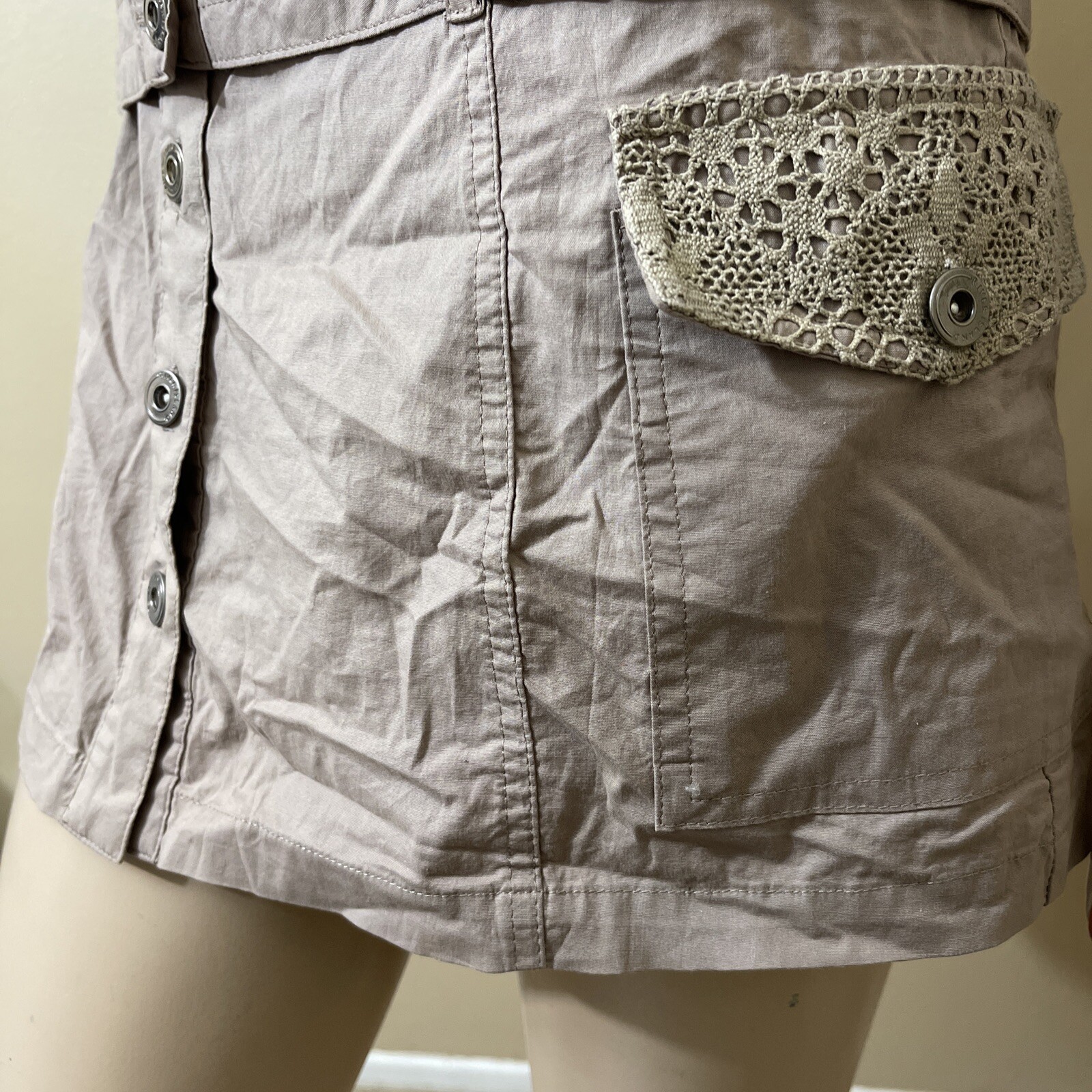 Women’s Beige Cotton Casual Collared Belted Lace Pickets Size S Button-up Dress